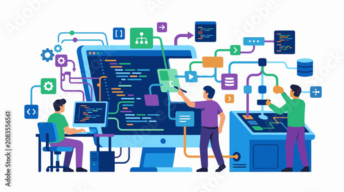 Diverse team collaborates on complex coding and data integration project
