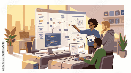 Diverse team collaborates on complex diagrams and code at desks