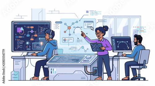Diverse team collaborates on complex digital interfaces in a modern office