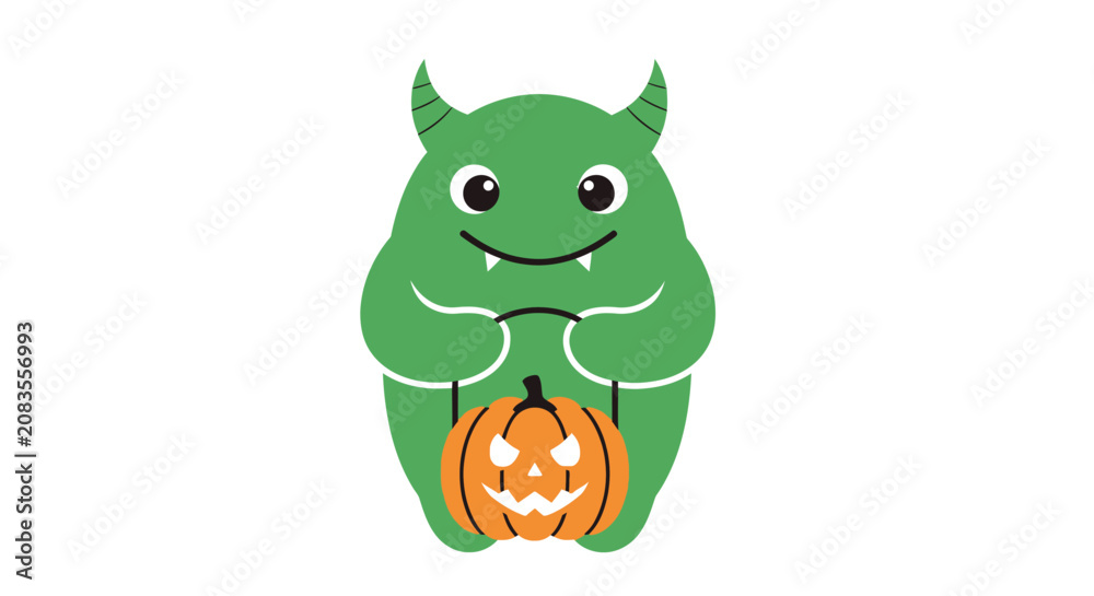Fototapeta premium Cute Green Monster Holding Halloween Pumpkin Icon