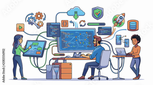 Diverse team collaborates on complex digital project with coding and data