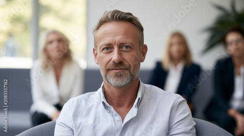 Portrait of a confident man showing vulnerability and emotional openness, mental health awareness campaign, women speaking with reporter, business women, women sitting with reporte