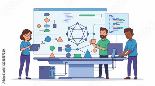 Diverse team collaborates on complex digital project using charts and code