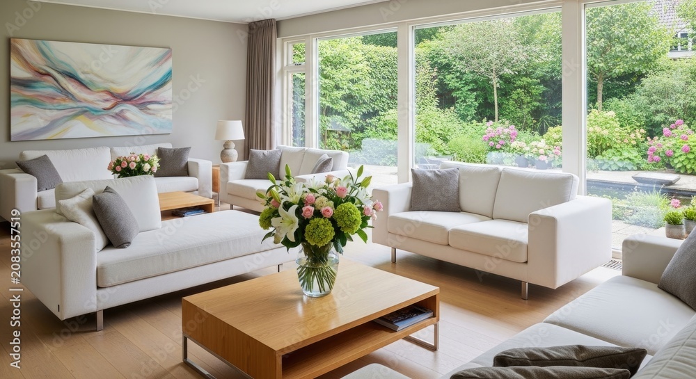 Fototapeta premium Bright modern living room with large windows, elegant furniture, natural daylight, and garden views, creating a stylish, comfortable, and inviting residential interior