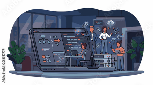Diverse team collaborates on complex technology systems in an office