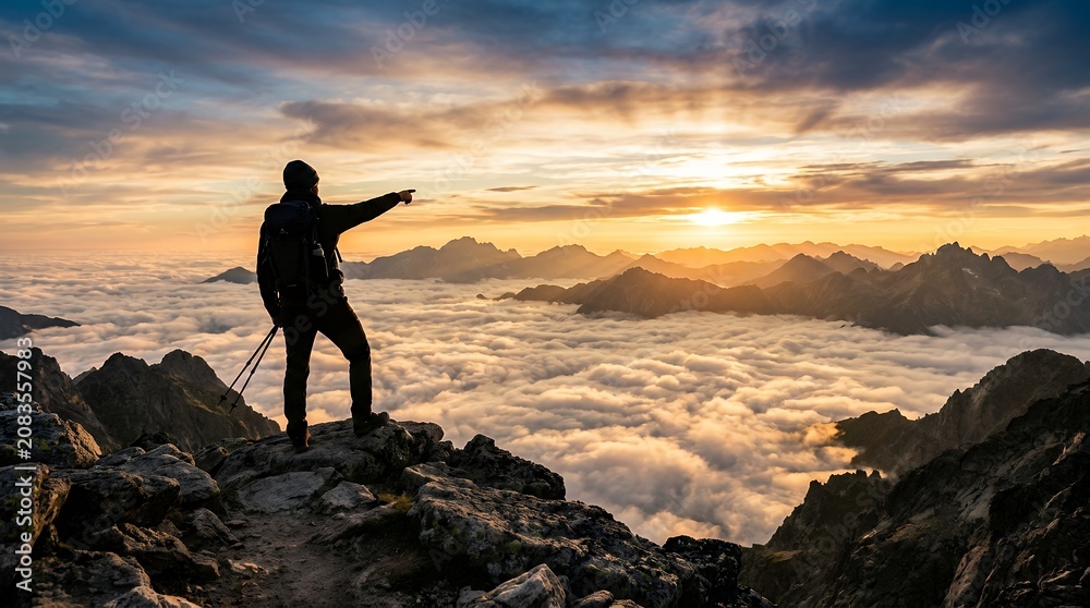 Fototapeta premium Adventurer Standing on Peak Overlooking Mystic Mountain Cloudscape and Sea of Clouds Wellness Travel Destination at Golden Hour Sunset