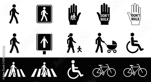 Pedestrian traffic safety icons and symbols for crosswalks and accessibility