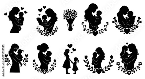 Fényképezés Mother and child silhouettes with flowers