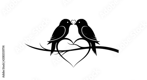 Canvastavla Two black birds sitting on a branch with a heart