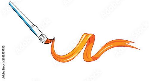 Creative artist paintbrush drawing a smooth and dynamic orange flowing ribbon or paint stroke on white background.