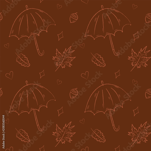 Cozy Autumn Rain Seamless Pattern with Umbrella, Maple Leaves and Acorns in Hand Drawn Doodle Style Vector