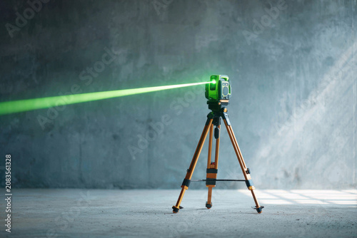 A green laser level is set up on a tripod, projecting a beam in a busy construction area.