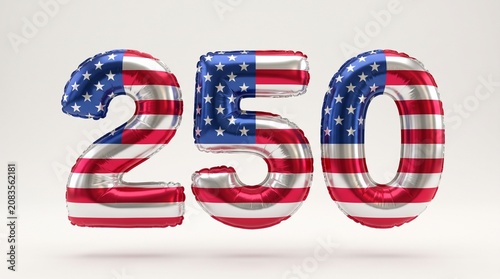 3D Render of 250 Number Balloons with American Flag Pattern for US Independence Day