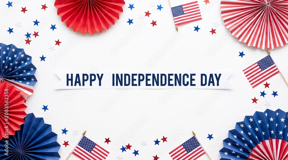 Obraz premium Happy Independence Day Celebration Background with American Flags and Paper Fans