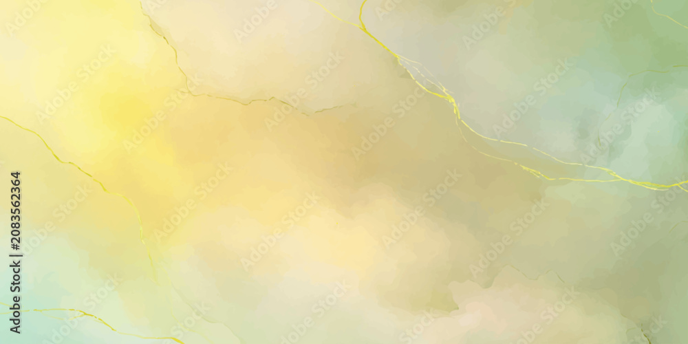 Fototapeta premium Abstract watercolor backdrop pale yellow and sage green alcohol ink fluid wash painting artistic texture with gold veins