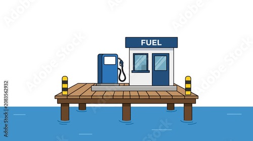 Floating Gas Station on Wooden Pier Over Blue Water, Fueling Boat Concept