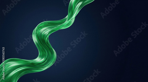 Green silk flowing fabric against dark background. Abstract wave motion of elegant textile for luxury fashion display. E-commerce creative design element with copy space for web banner.