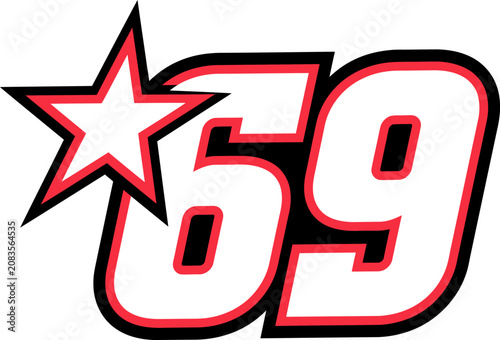 Fotografía White racing number 69 with a red outlined star on a black background