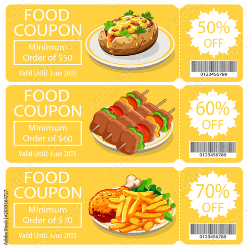 Food Discount Coupon Set with Delicious Meal Illustrations