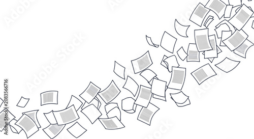Flying paper documents sketch representing windblown files, loose notes, and unorganized office paperwork on white.