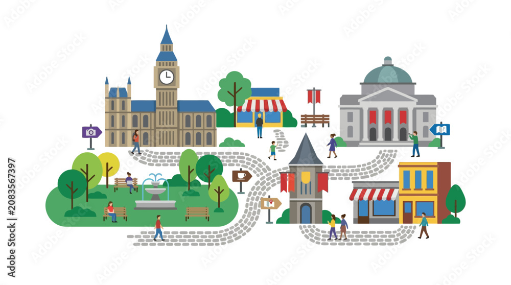 Fototapeta premium Cityscape illustration with people, buildings, park, and street life