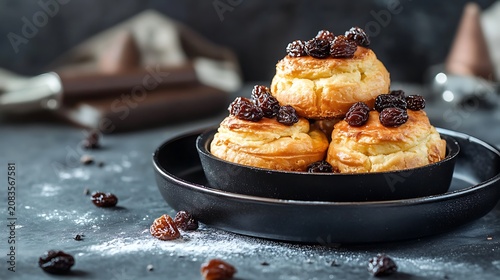 Chocolate choux pastry with raisins in a black ceramic dish