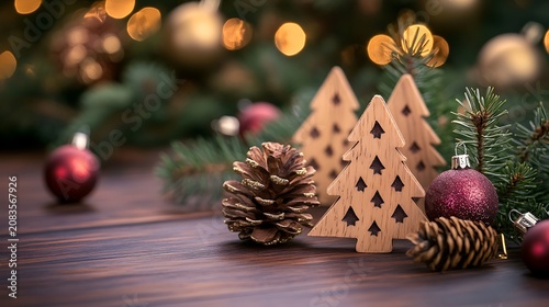 Christmas decorations made of wood on a wooden table christmas decorations and small christmas gifts purple background