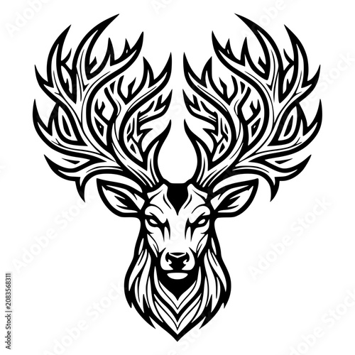Tribal Tattoo Skull with Horns Deer Stag Antlers Vector Illustration Wild Animal Head Silhouette Vintage Hunting Wildlife Design Art Symbol Cartoon Style