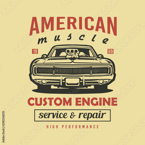 Vintage American Muscle Car Custom Engine Service Vector Illustration Graphics.