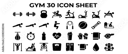 Gym Icon Sheet : Set of black vector silhouette icons of people in different poses and situations travel hotel airport web and computer symbol illustration collection