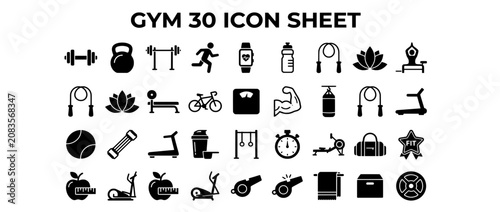 Gym Icon Sheet: Black and White Vector Icon Set with Business Travel Medical Music Map Phone Car and Web Design Symbols and Signs for Internet Service Illustration
