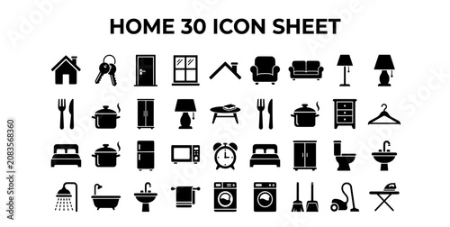 Home Icon Sheet : Set of Business and People Vector Icons Black Silhouette Symbol Collection with Hotel Food Money Book and Web Pictograms for Design and Illustration