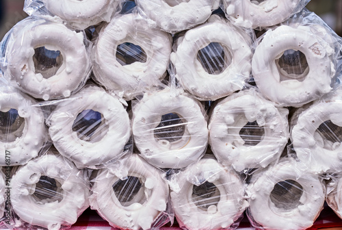 Close-up of traditional doughnuts for sale at a local festival