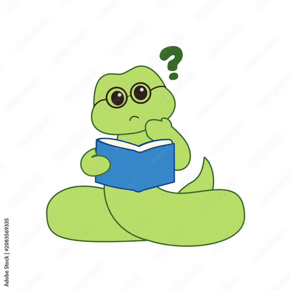 Obraz premium a cute green snake cartoon vector reading a book and appearing to be thinking with a question mark