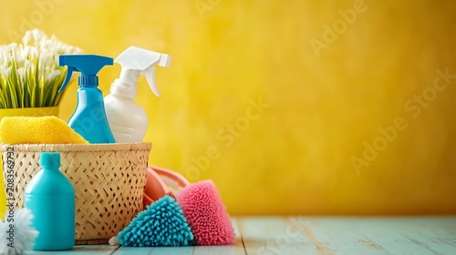 Cleaning product and basket with mop bottle and spray for cleaning services well being or chemical disinfection close up of spring cleaning supplies container and tools to dust house floor or home