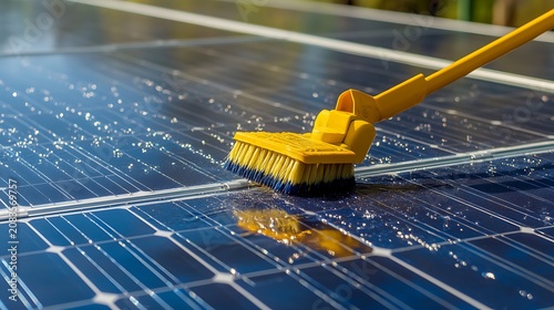 Cleaning solar panels with a brush and water