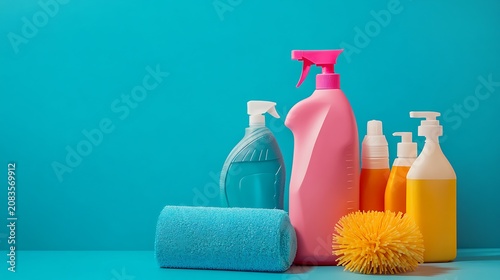 Cleaning supplies on a blue background