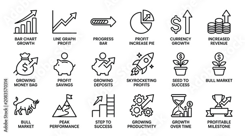 Set of financial business growth and investment icons depicting market performance charts currency appreciation profit margins success milestones and productivity gains vector.