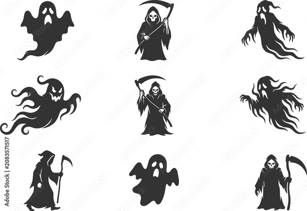 Obraz premium Set of spooky ghost and grim reaper silhouettes for halloween design projects