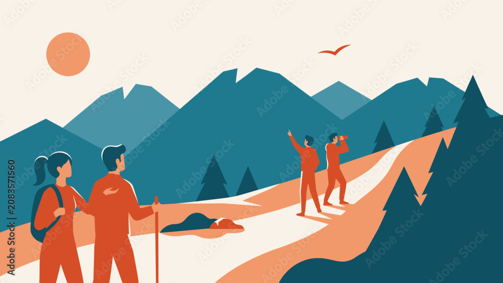 Fototapeta premium Illustration of active people hiking on a mountain trail in the sunlight with mountains adventure trekking outdoors