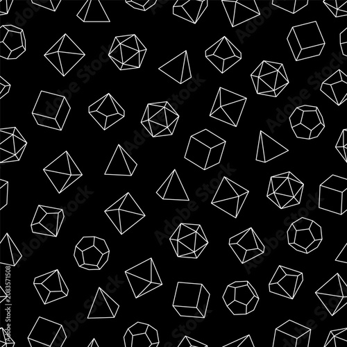 Seamless vector pattern of white dice for board games in outline style, black background