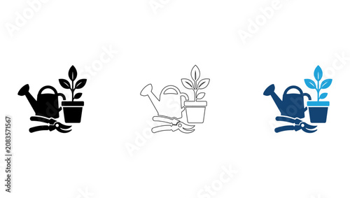 фотографія Gardening tool icons with watering can, plant in pot, and pruners for garden care