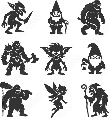 Fantasy creature silhouette collection featuring gnomes and goblins vector
