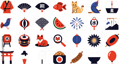 Foto Traditional Japanese summer festival flat vector icon collection featuring yukat