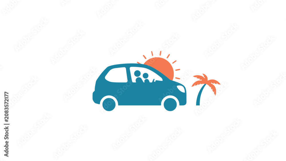 Obraz premium Small car driving during sunset near tropical palm tree with vacation automobile tropical adventure transport
