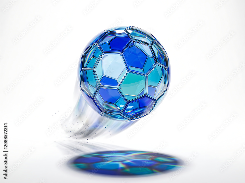 Naklejka premium Abstract Blue Glass Soccer Ball Motion Design on Clean White Background