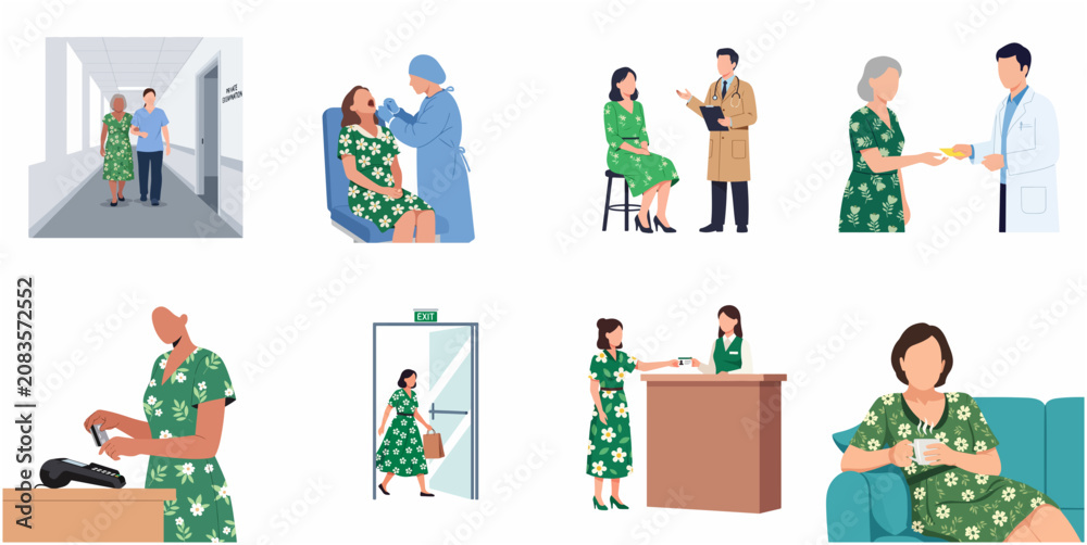 Fototapeta premium Flat vector illustration set of a woman patient visiting a medical clinic, consulting with doctors, receiving dental treatment, and hospital reception services.