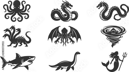 Photography Mythical sea creatures and legendary ocean monsters vector icon set