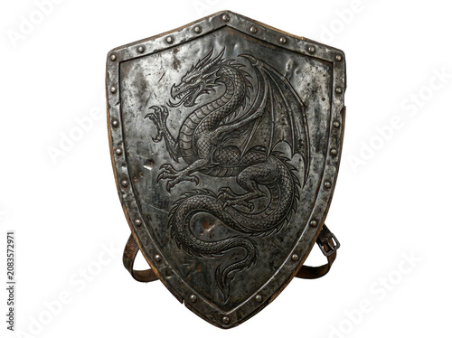 A weathered metal shield with a dragon design on a white background