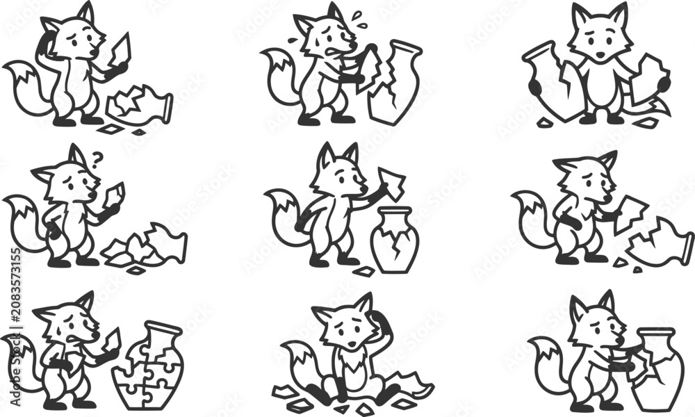 Obraz premium Fox character trying to fix broken pottery shards vector icon collection